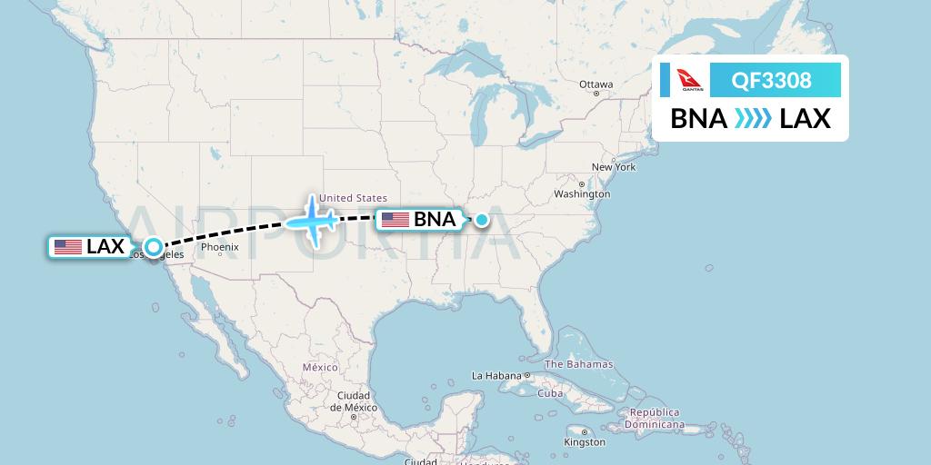 QF3308 Qantas Flight Map: Nashville to Los Angeles