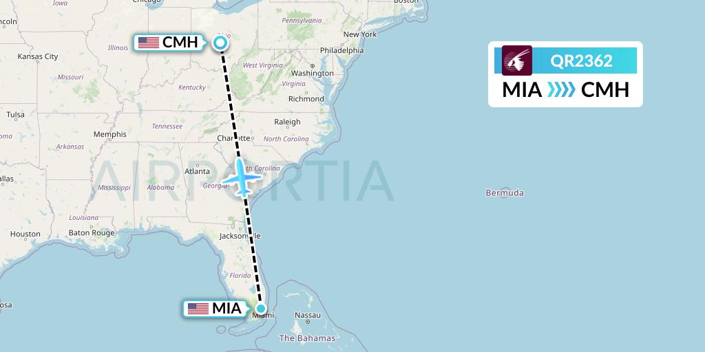 QR2362 Qatar Airways Flight Map: Miami to Columbus