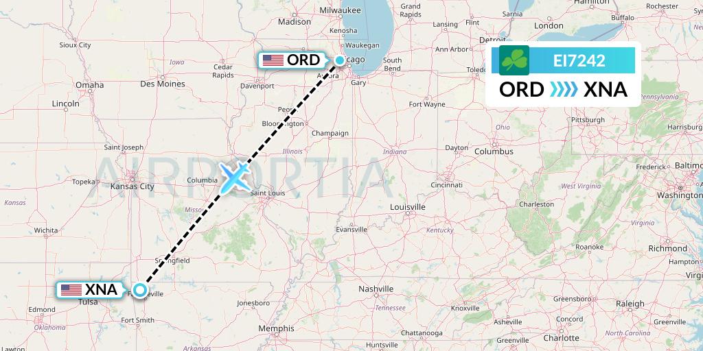 EI7242 Aer Lingus Flight Map: Chicago to Bentonville