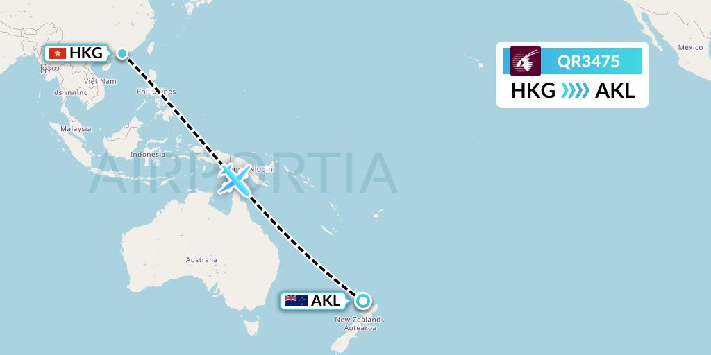 QR3475 Qatar Airways Flight Map: Hong Kong to Auckland