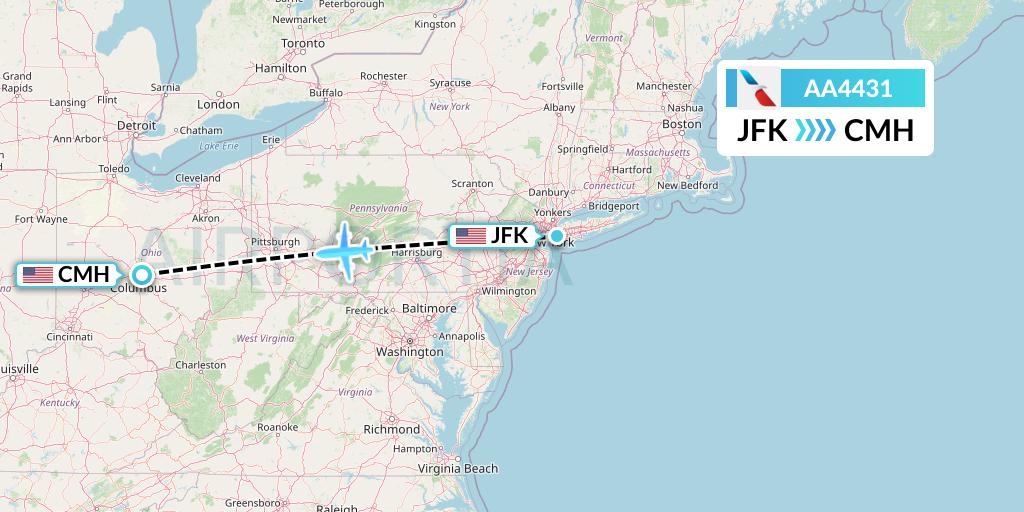 AA4431 American Airlines Flight Map: New York to Columbus