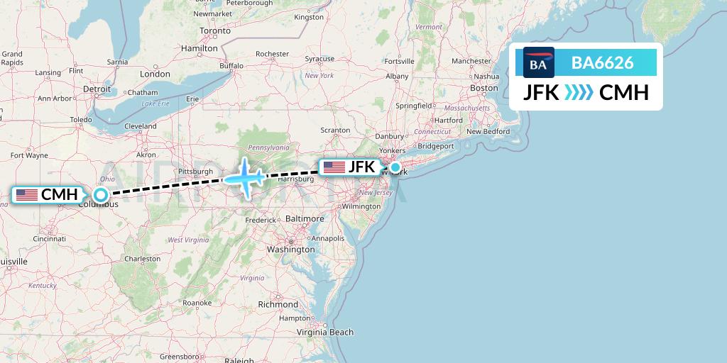 BA6626 British Airways Flight Map: New York to Columbus