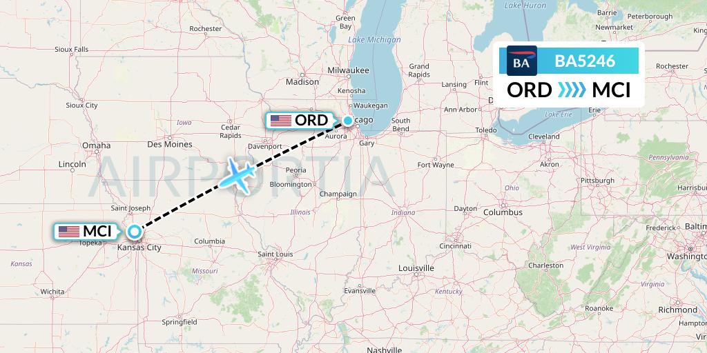 BA5246 British Airways Flight Map: Chicago to Kansas City