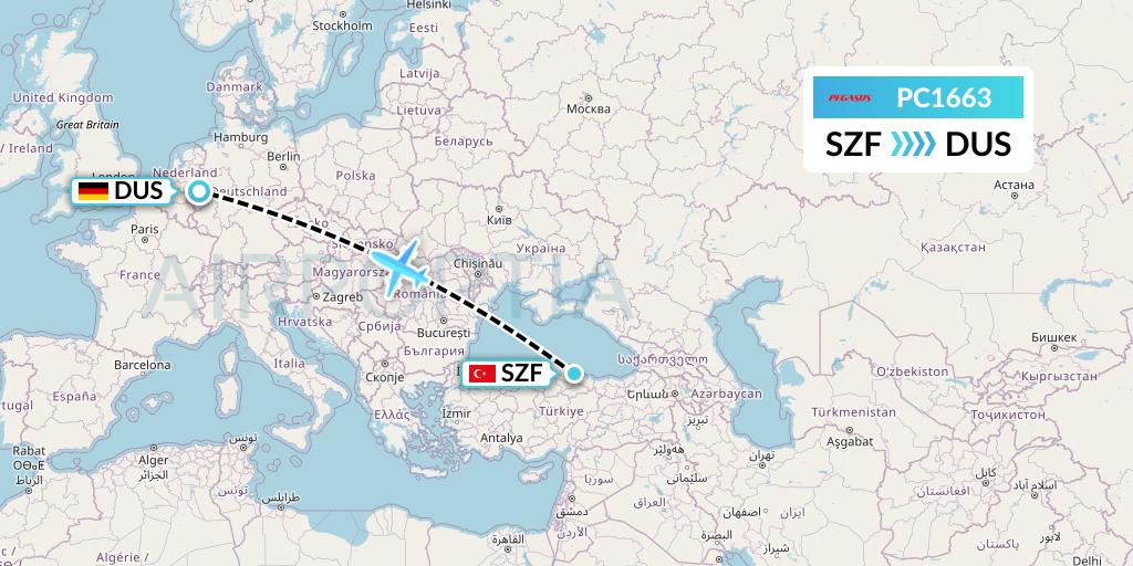 PC1663 Pegasus Airlines Flight Map: Samsun to Dusseldorf