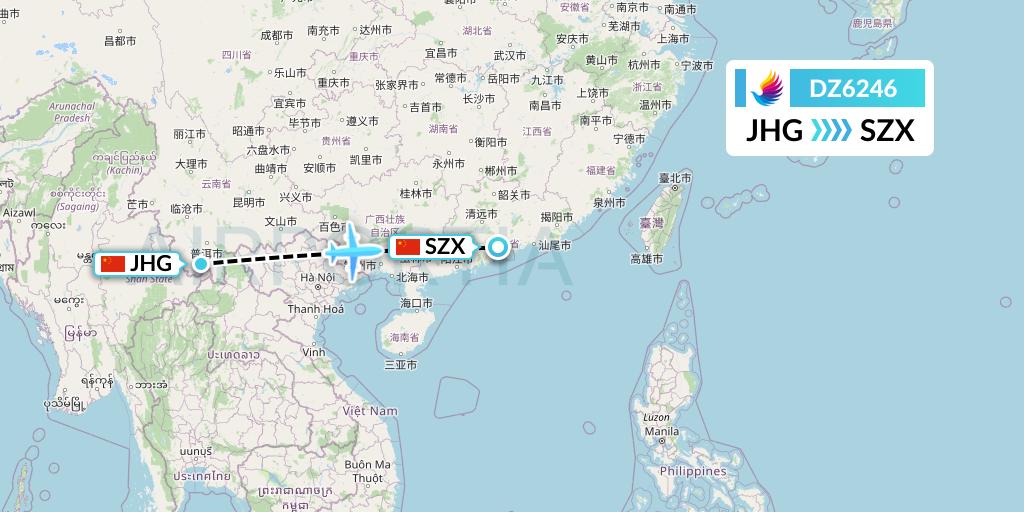 DZ6246 Donghai Airlines Flight Map: Jinghong to Shenzhen