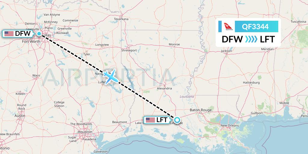 QF3344 Qantas Flight Map: Dallas to Lafayette