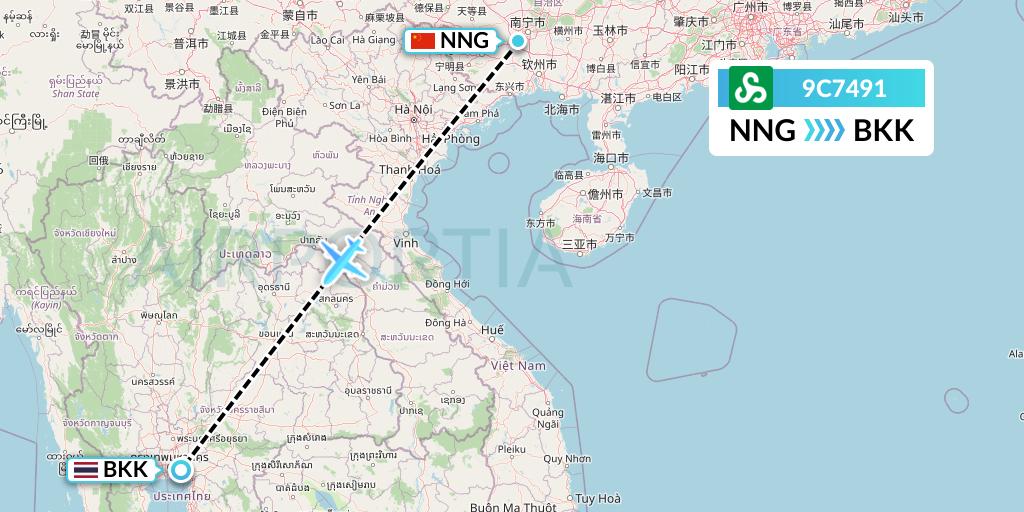 9C7491 Spring Airlines Flight Map: Nanning to Bangkok