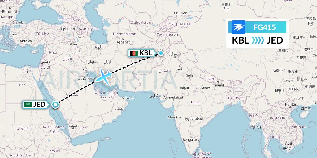 FG415 Ariana Afghan Airlines Flight Map: Kabul to Jeddah