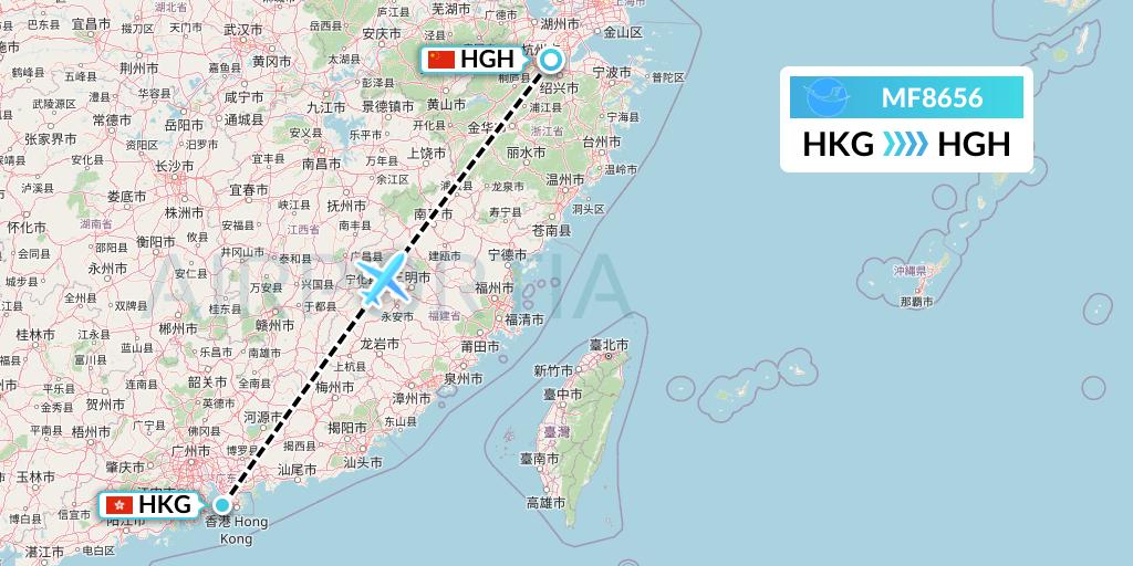 MF8656 Xiamen Airlines Flight Map: Hong Kong to Hangzhou