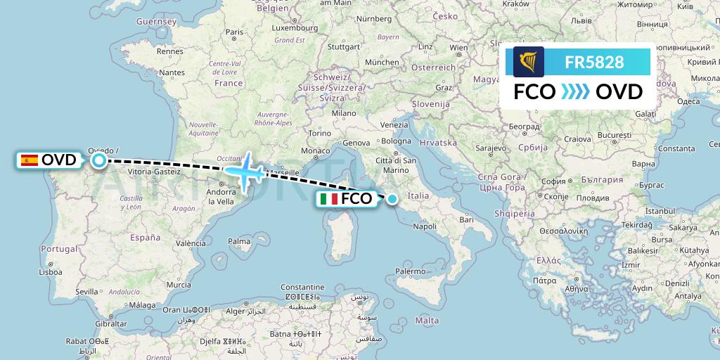 FR5828 Ryanair Flight Map: Rome to Asturias
