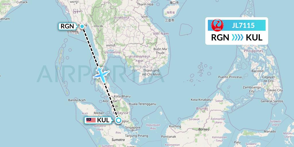JL7115 Japan Airlines Flight Map: Yangon to Kuala Lumpur