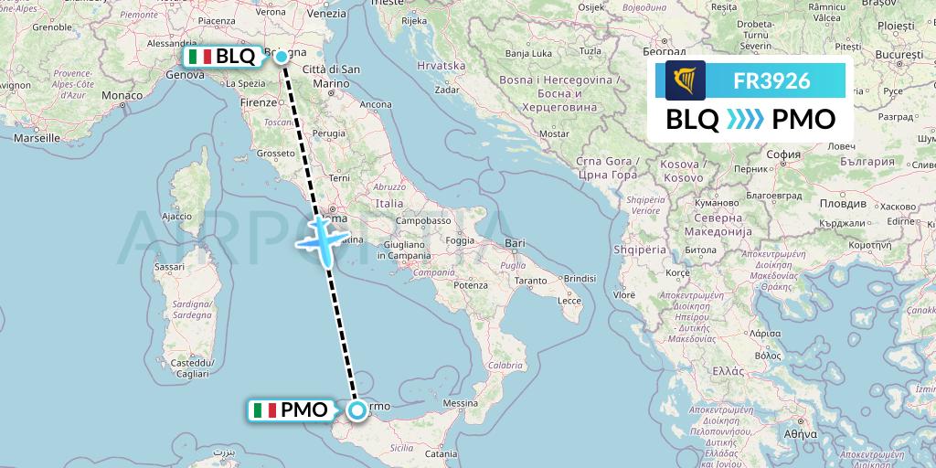 FR3926 Ryanair Flight Map: Bologna to Palermo