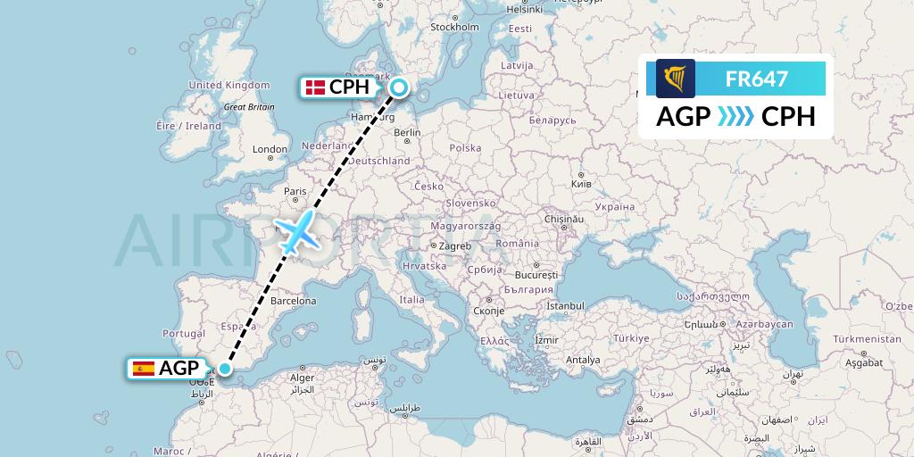 FR647 Ryanair Flight Map: Malaga to Copenhagen
