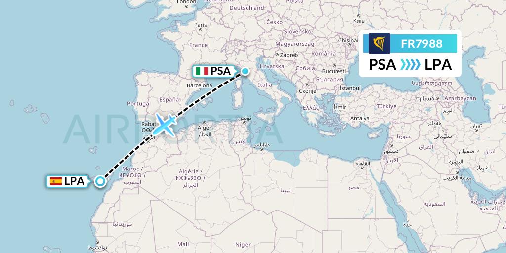 FR7988 Ryanair Flight Map: Pisa to Las Palmas