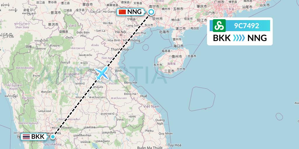 9C7492 Spring Airlines Flight Map: Bangkok to Nanning