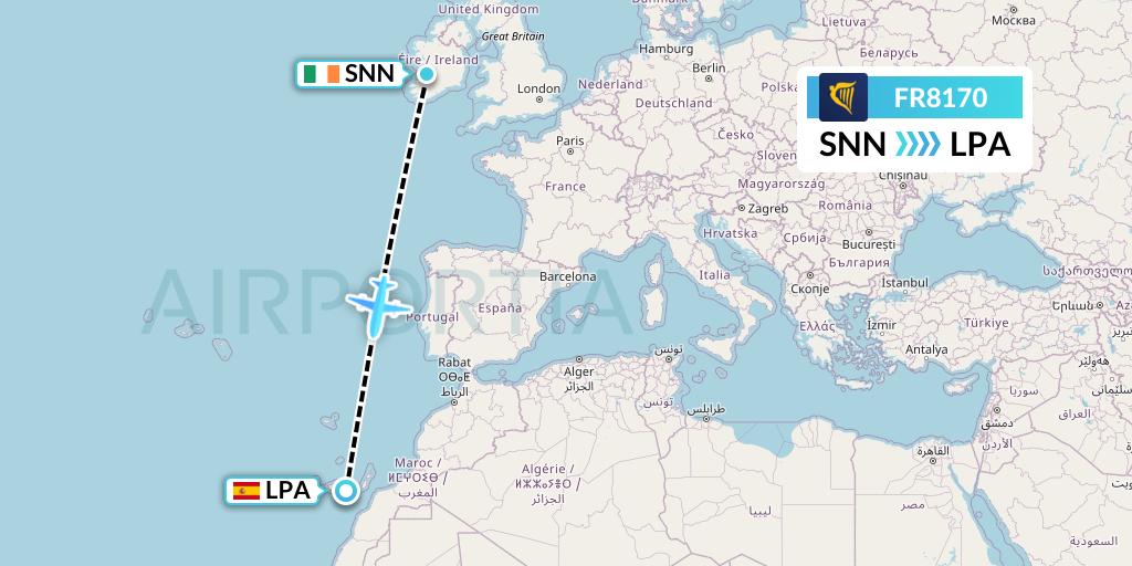 FR8170 Ryanair Flight Map: Shannon to Las Palmas