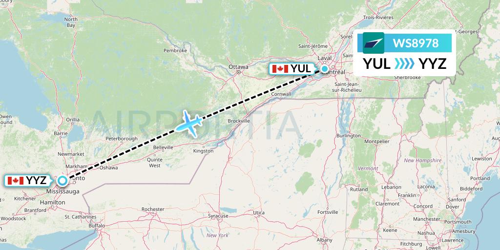 WS8978 WestJet Flight Map: Montreal to Toronto