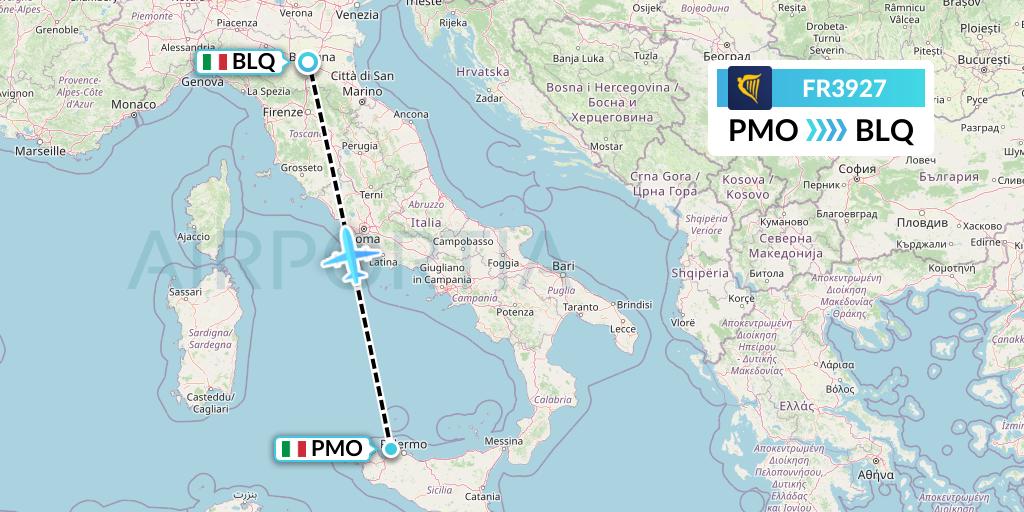 FR3927 Ryanair Flight Map: Palermo to Bologna