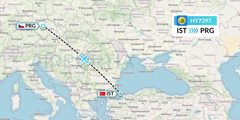 HY7297 Uzbekistan Airways Flight Map: Istanbul to Prague