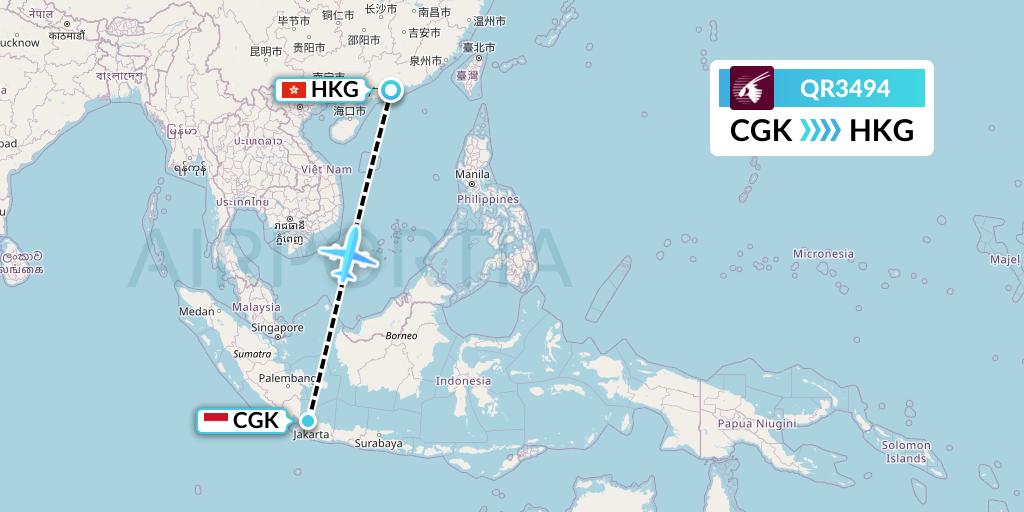 QR3494 Qatar Airways Flight Map: Jakarta to Hong Kong