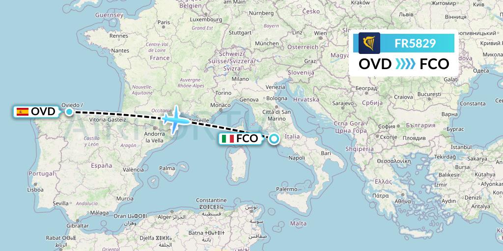 FR5829 Ryanair Flight Map: Asturias to Rome