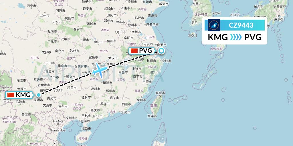 CZ9443 China Southern Airlines Flight Map: Kunming to Shanghai