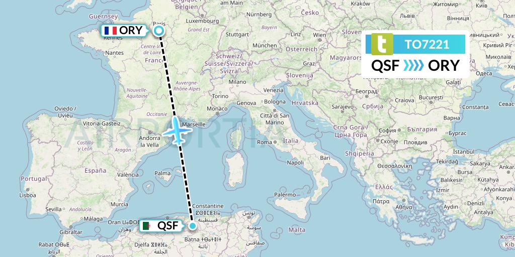 TO7221 Transavia France Flight Map: Setif to Paris