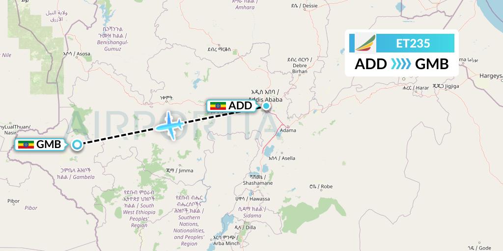 ET235 Ethiopian Airlines Flight Map: Addis Ababa to Gambela