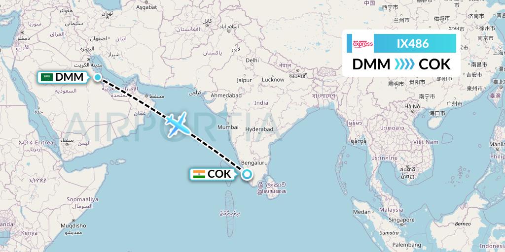 IX486 Air India Express Flight Map: Dammam to Cochin