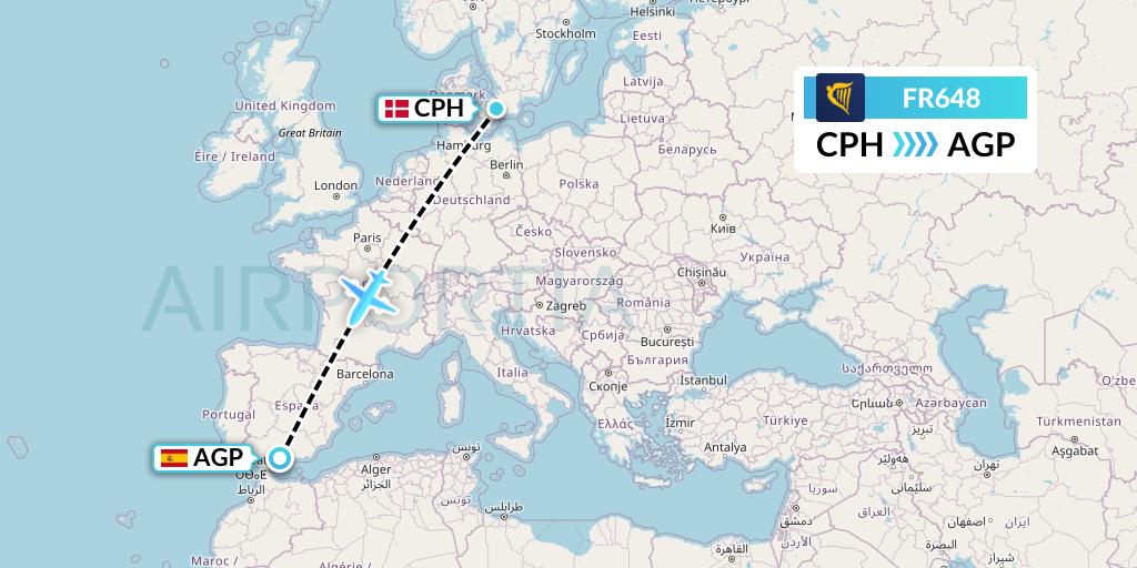 FR648 Ryanair Flight Map: Copenhagen to Malaga