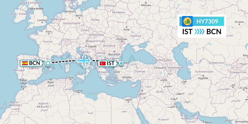 HY7309 Uzbekistan Airways Flight Map: Istanbul to Barcelona