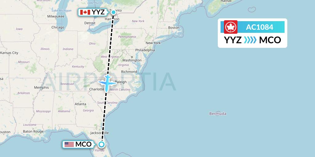 AC1084 Air Canada Flight Map: Toronto to Orlando