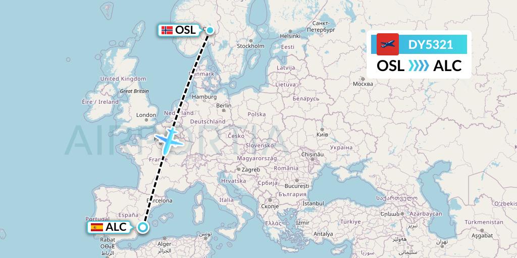 DY5321 Norwegian Flight Map: Oslo to Alicante