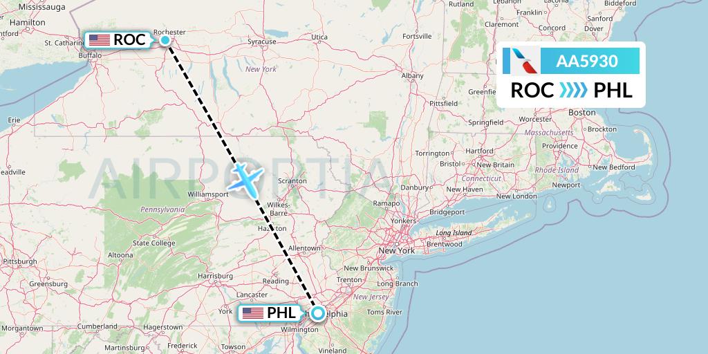 AA5930 American Airlines Flight Map: Rochester to Philadelphia