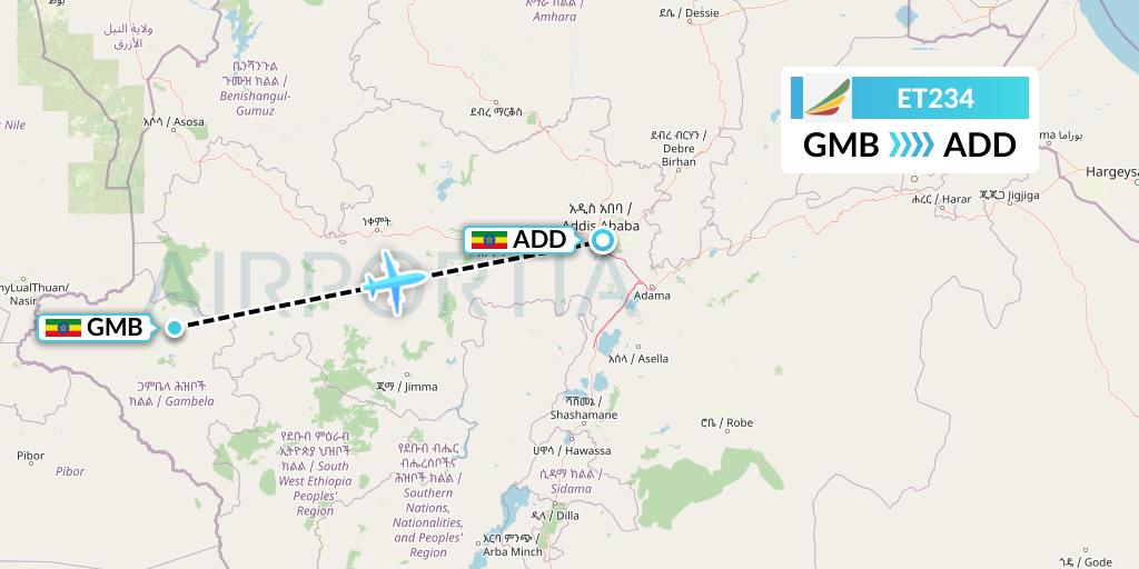 ET234 Ethiopian Airlines Flight Map: Gambela to Addis Ababa