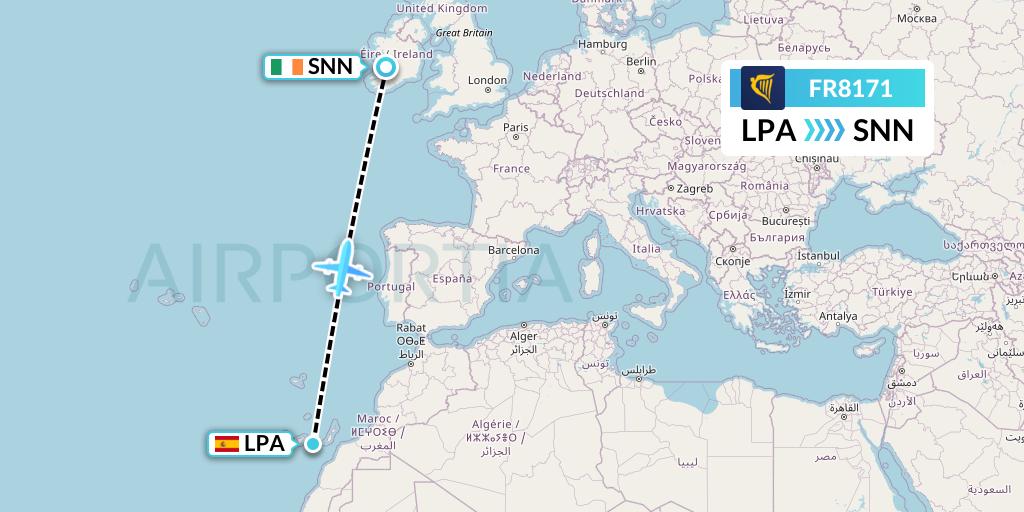 FR8171 Ryanair Flight Map: Las Palmas to Shannon