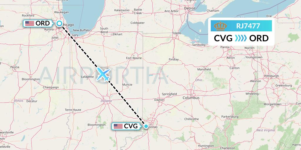 RJ7477 Royal Jordanian Flight Map: Cincinnati to Chicago