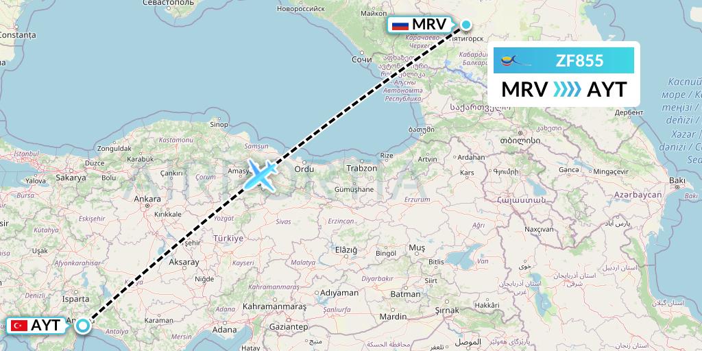 ZF855 Azur Air Flight Map: Mineralnye Vody to Antalya