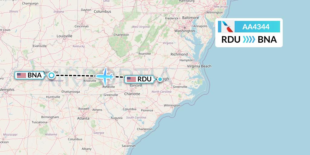 AA4344 American Airlines Flight Map: Raleigh-Durham to Nashville