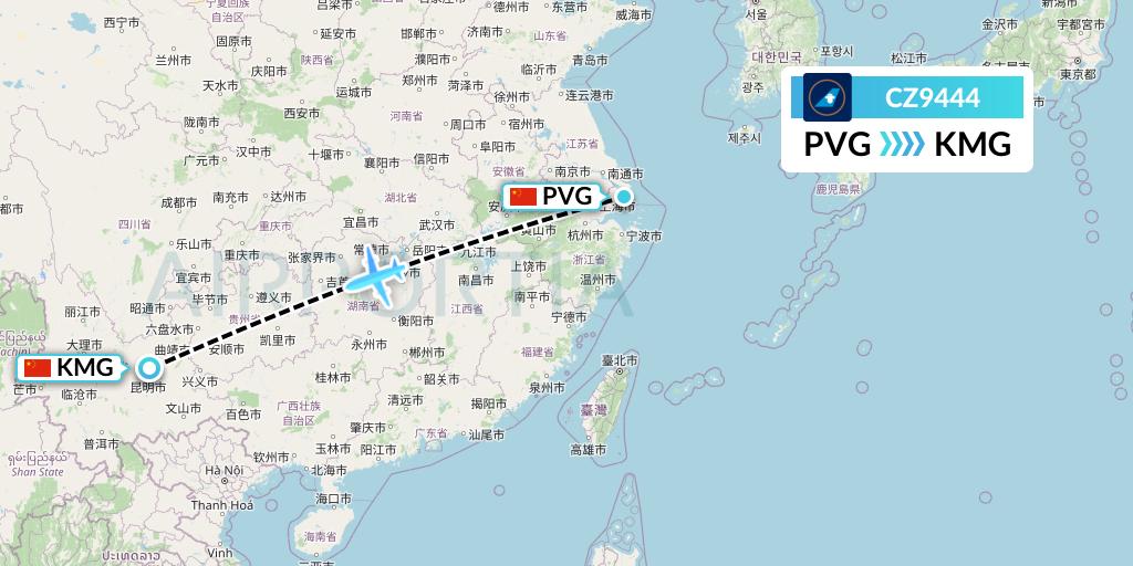 CZ9444 China Southern Airlines Flight Map: Shanghai to Kunming