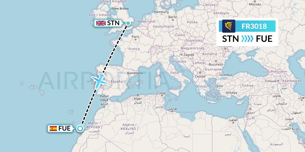 FR3018 Ryanair Flight Map: London to Fuerteventura