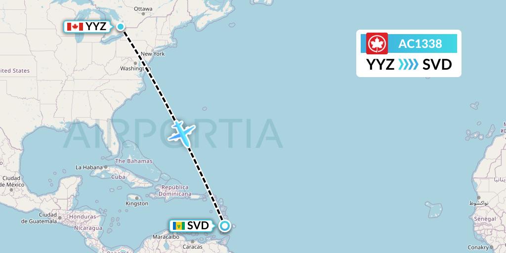 AC1338 Air Canada Flight Map: Toronto to Kingstown
