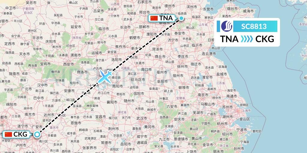 SC8813 Shandong Airlines Flight Map: Jinan to Chongqing