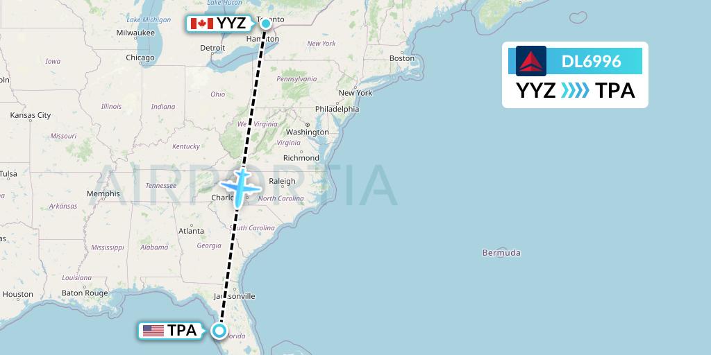 DL6996 Delta Air Lines Flight Map: Toronto to Tampa