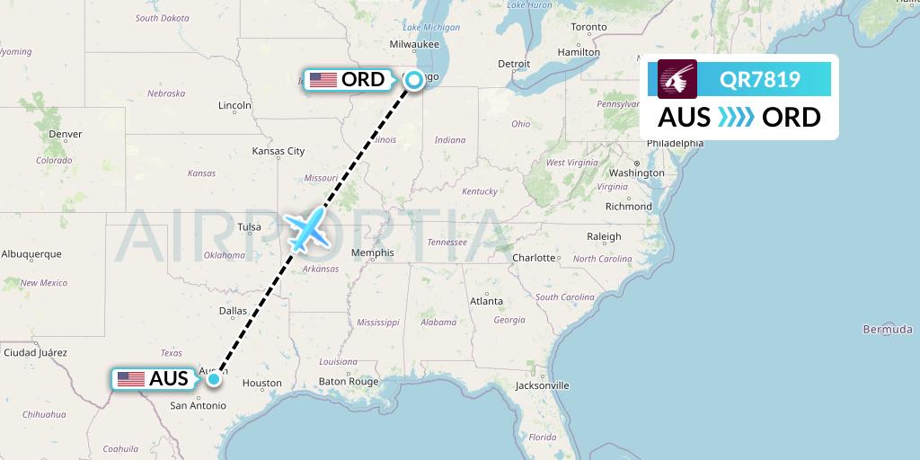 QR7819 Qatar Airways Flight Map: Austin to Chicago