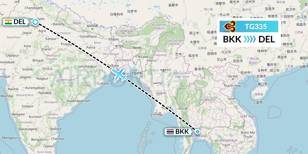TG335 Thai Airways Flight Map: Bangkok to Delhi