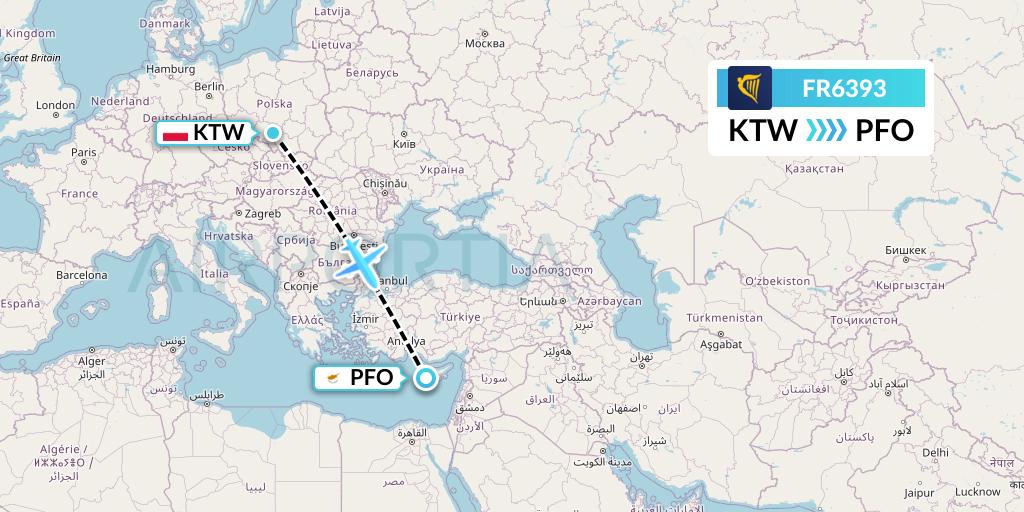FR6393 Ryanair Flight Map: Katowice to Pafos