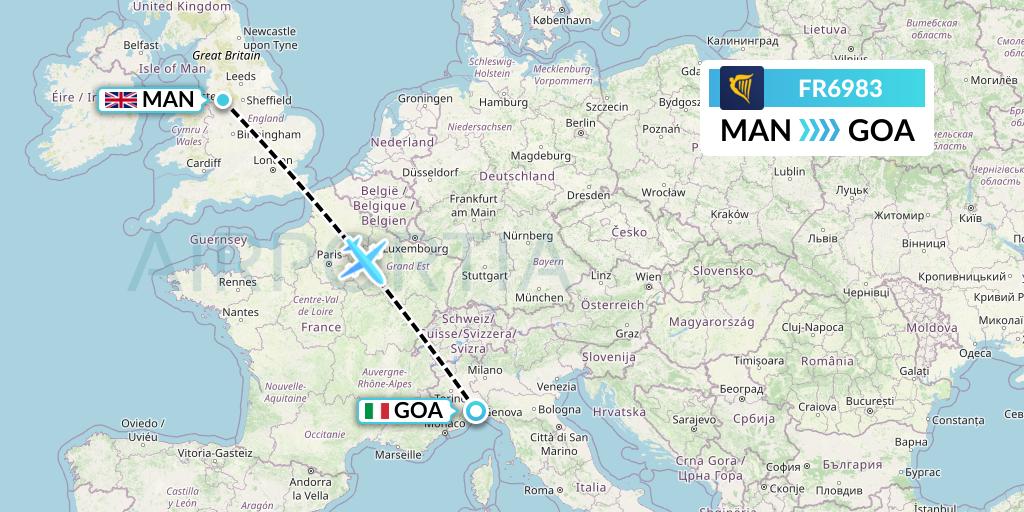 FR6983 Ryanair Flight Map: Manchester to Genoa