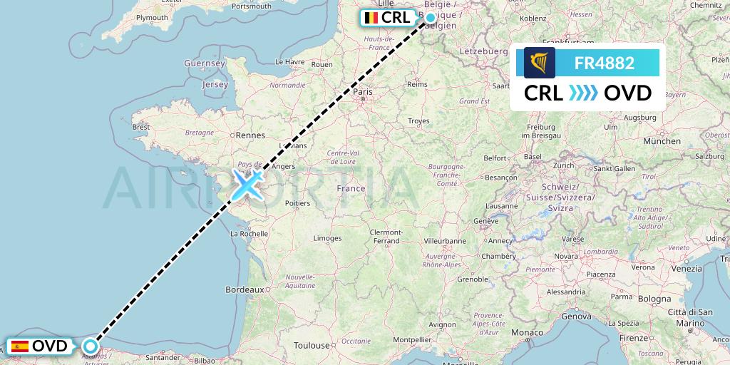 FR4882 Ryanair Flight Map: Brussels to Asturias