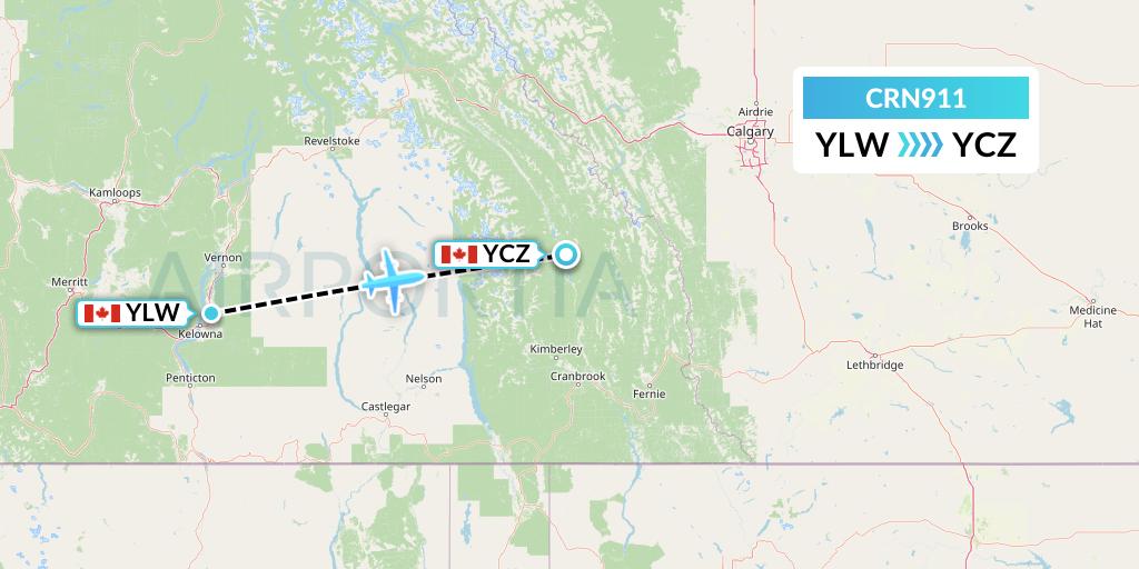 CRN911 Aerocaribbean Flight Map: Kelowna to Fairmont Hot Springs